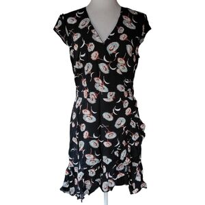 J. Crew Navy Blue Floral Faux Wrap Style Ruffle Trim Midi Dress Size 6